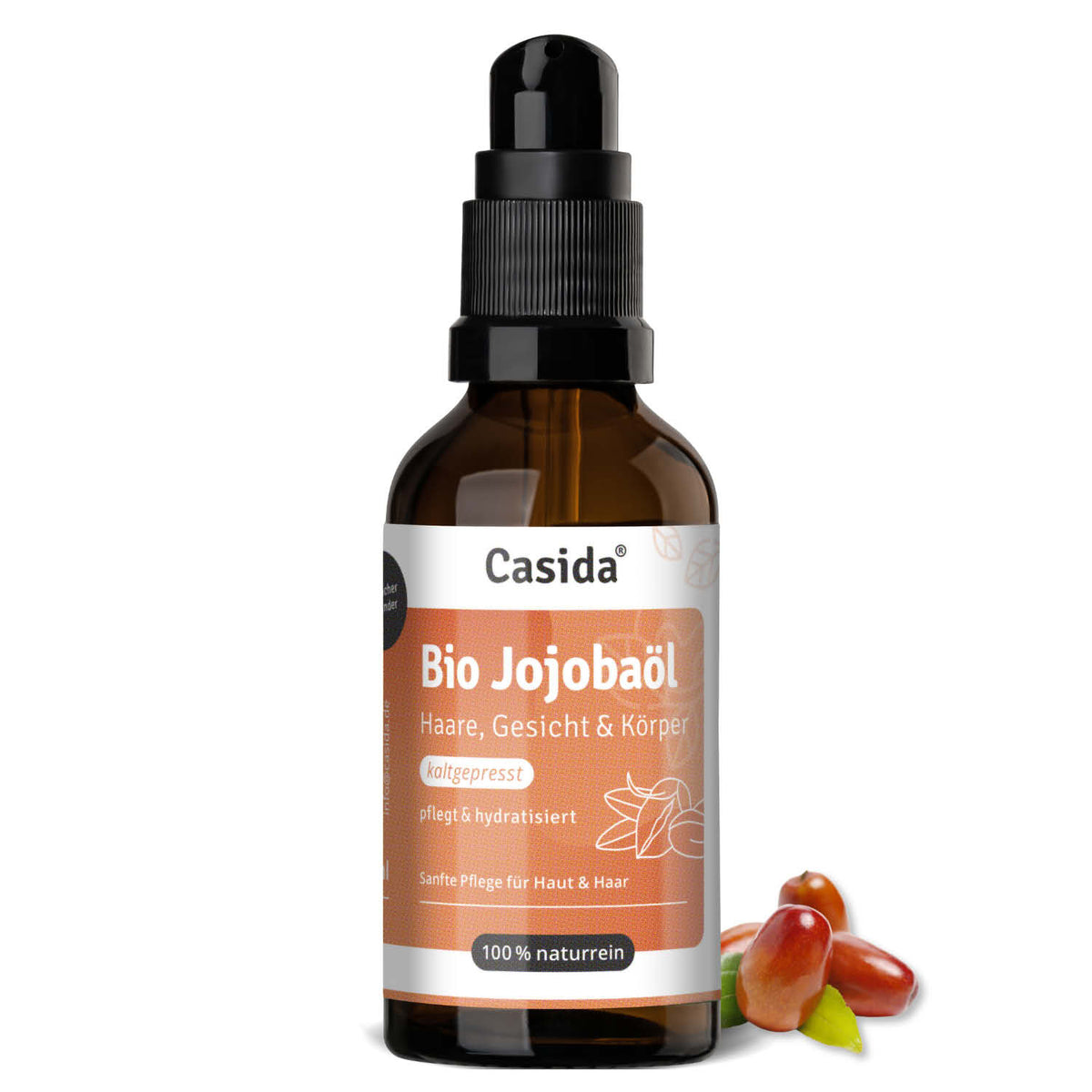 Casida wellness set featuring a brown glass bottle of bio jojoba oil for hair, face, and body care.