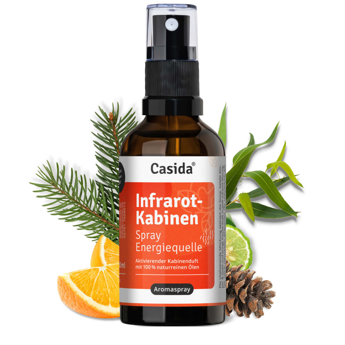 Casida Infrarotkabinen Spray “Energiequelle” in a brown bottle with orange label, surrounded by pine, citrus, and eucalypt...