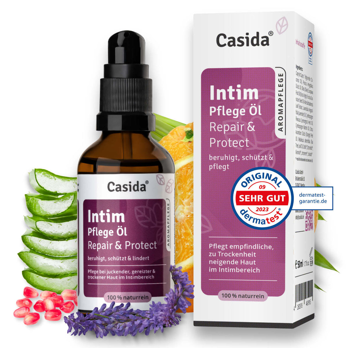 Intimpflege Öl Repair & Protect in a dark glass bottle with a pump, surrounded by natural ingredients like aloe vera and l...