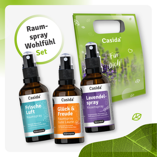 Raumspray Bestseller 3er Set includes three spray bottles in a green gift bag, featuring Frische Luft, Glück & Freude, and...