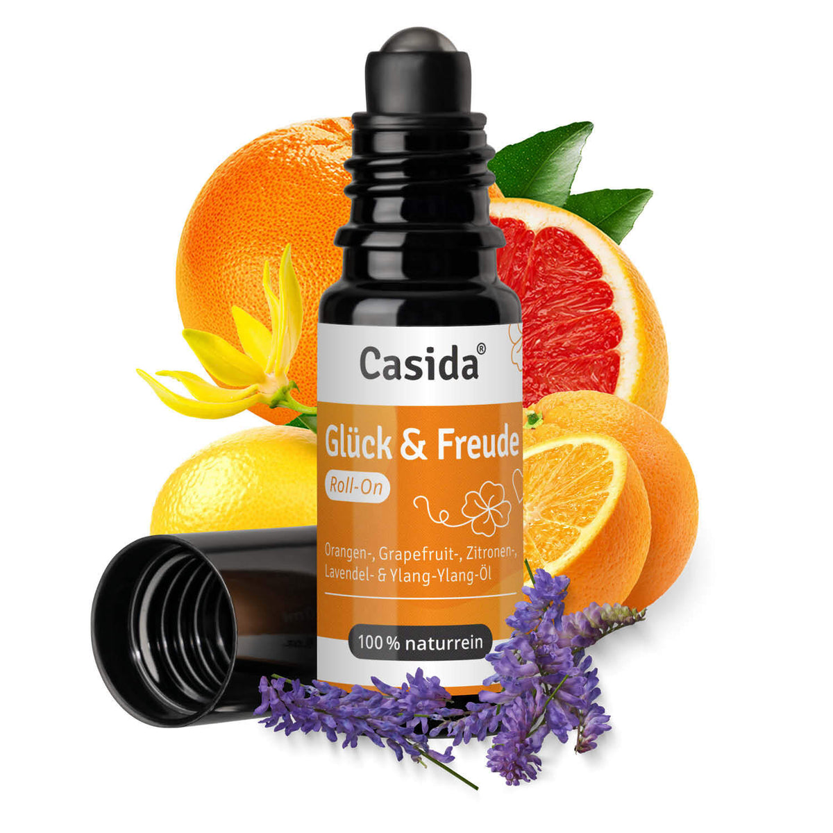 Glück & Freude roll-on with citrus fruits, lavender, and ylang-ylang oil, featuring a black applicator cap.
