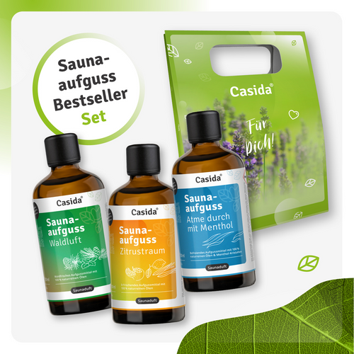 Saunaaufguss Bestseller Set by Casida with three bottles: Walduft, Zitrusraum, and Atme durch mit Menthol.