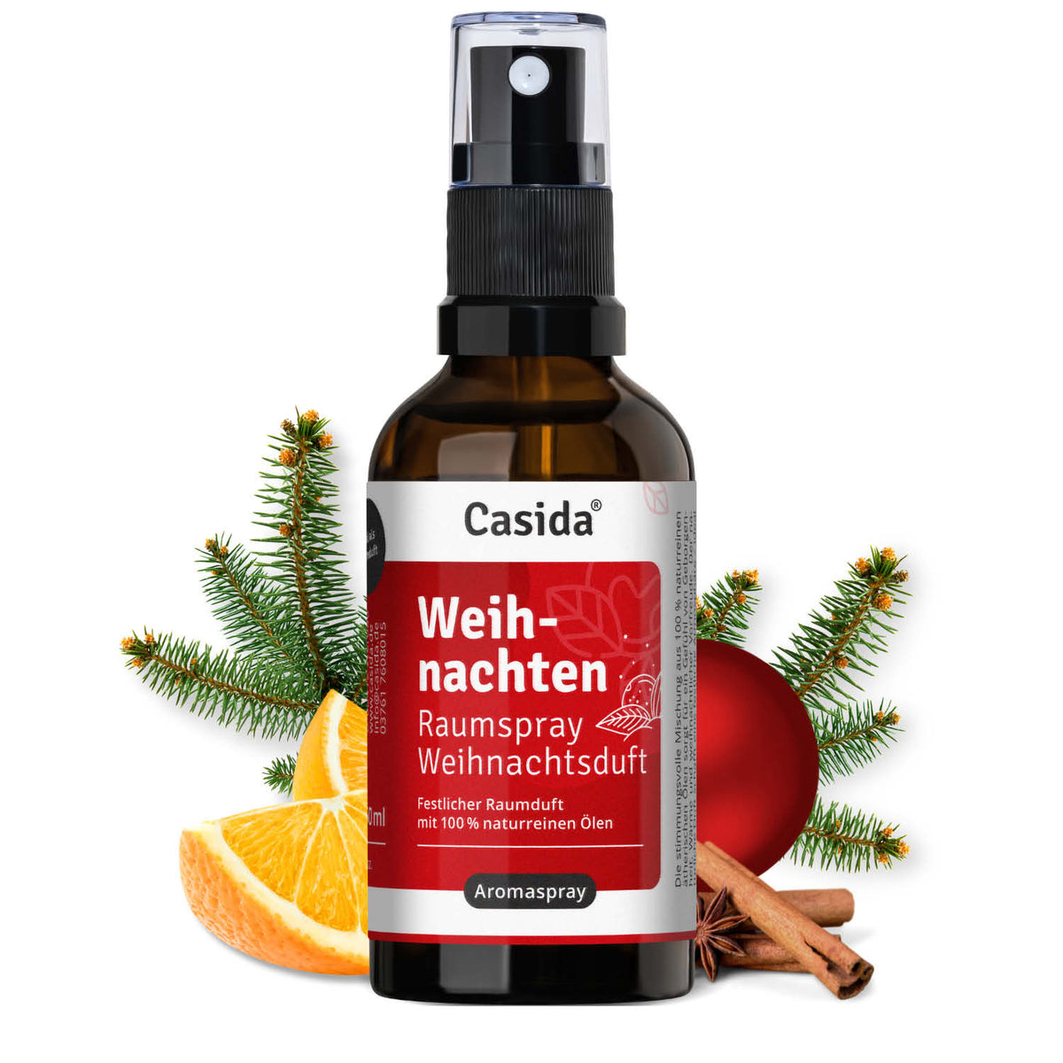 Casida Weihnachten raumspray in a brown bottle with a spray nozzle, featuring festive orange and cinnamon decorations.