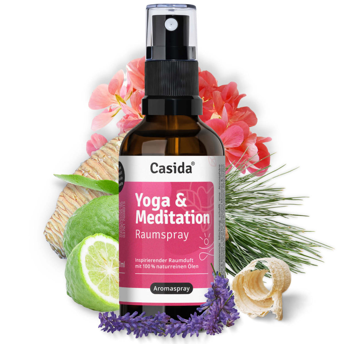 Casida yoga & meditation room spray bottle with a black pump, surrounded by herbs and flowers, featuring a pink label.