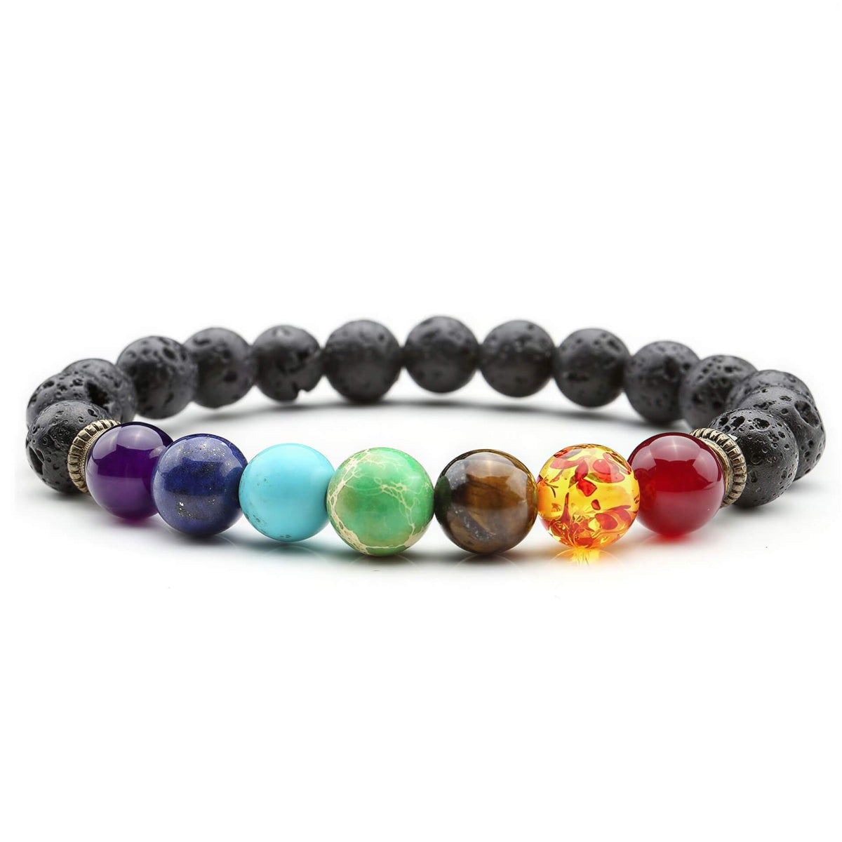 Chakra bead bracelet for essential oils featuring 8 mm natural stone beads in vibrant colors and black lava stones.