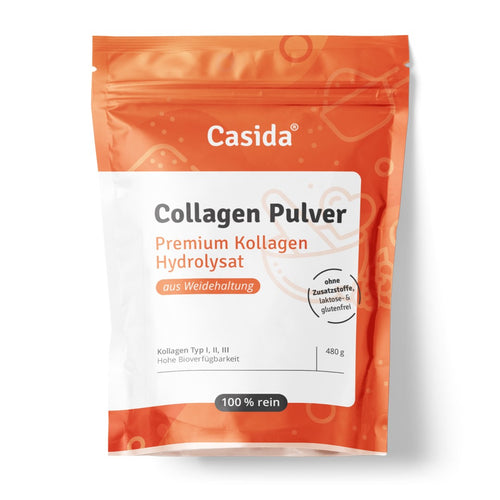 Collagen pulver in a resealable orange and white bag, labeled as premium hydrolysate, 480g, with no additives.