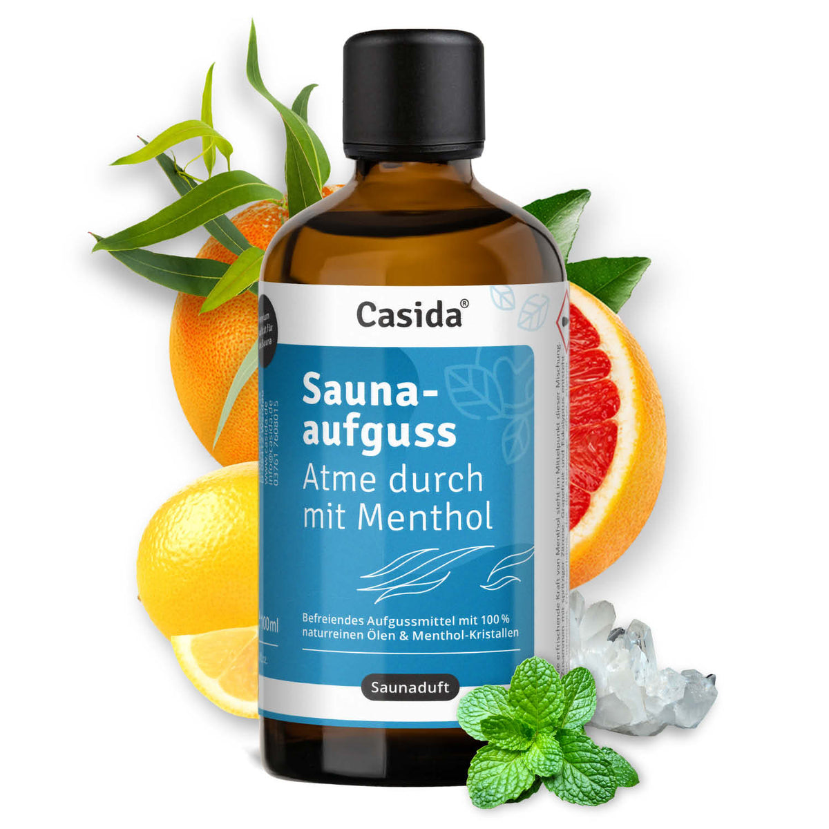 Saunaaufguss Atme durch mit Menthol oil in a brown bottle, featuring citrus and mint leaves on a white background.