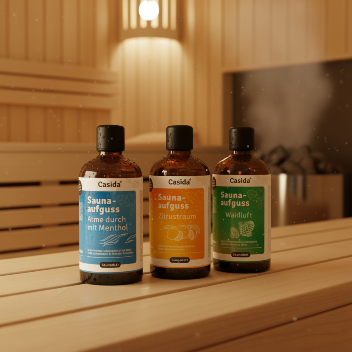Saunaaufguss Bestseller Set featuring three bottles: Menthol, Citrus, and Forest scents on a wooden sauna bench.