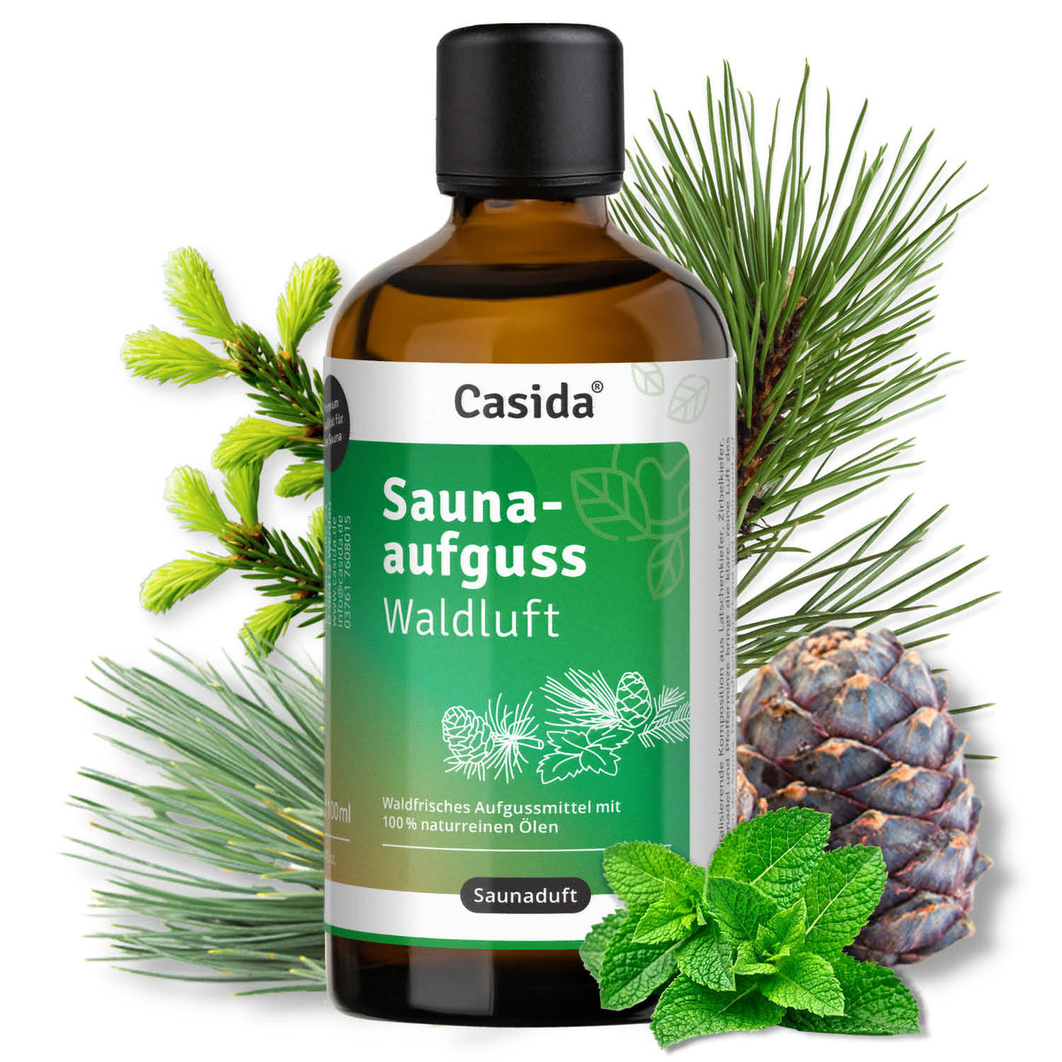 Saunaaufguss Waldluft oil bottle with green label, surrounded by pine branches and a pine cone.