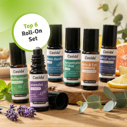 Top 6 roll-on set featuring various essential oil bottles with labels, arranged on a wooden surface with herbs and citrus.