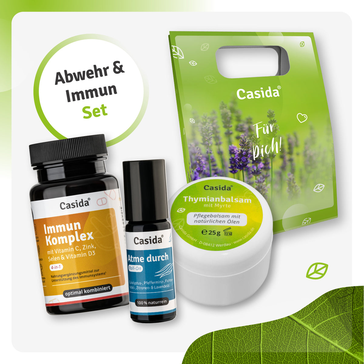Abwehr & Immun Set featuring Immun Komplex, Atme durch spray, and Thymianbalsam in a green Casida bag.