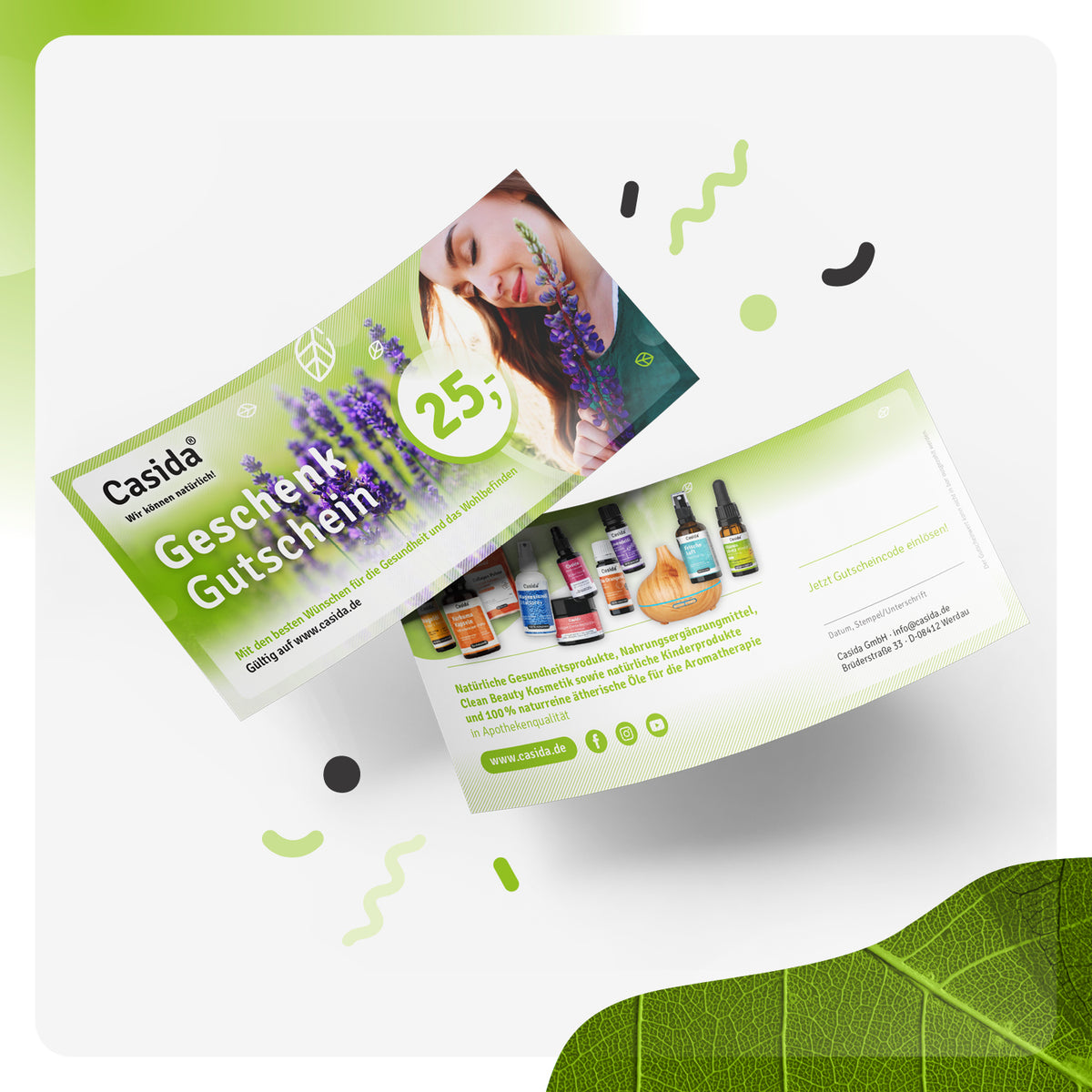 Casida 25€ gift card featuring a green design with lavender and product images on both sides.