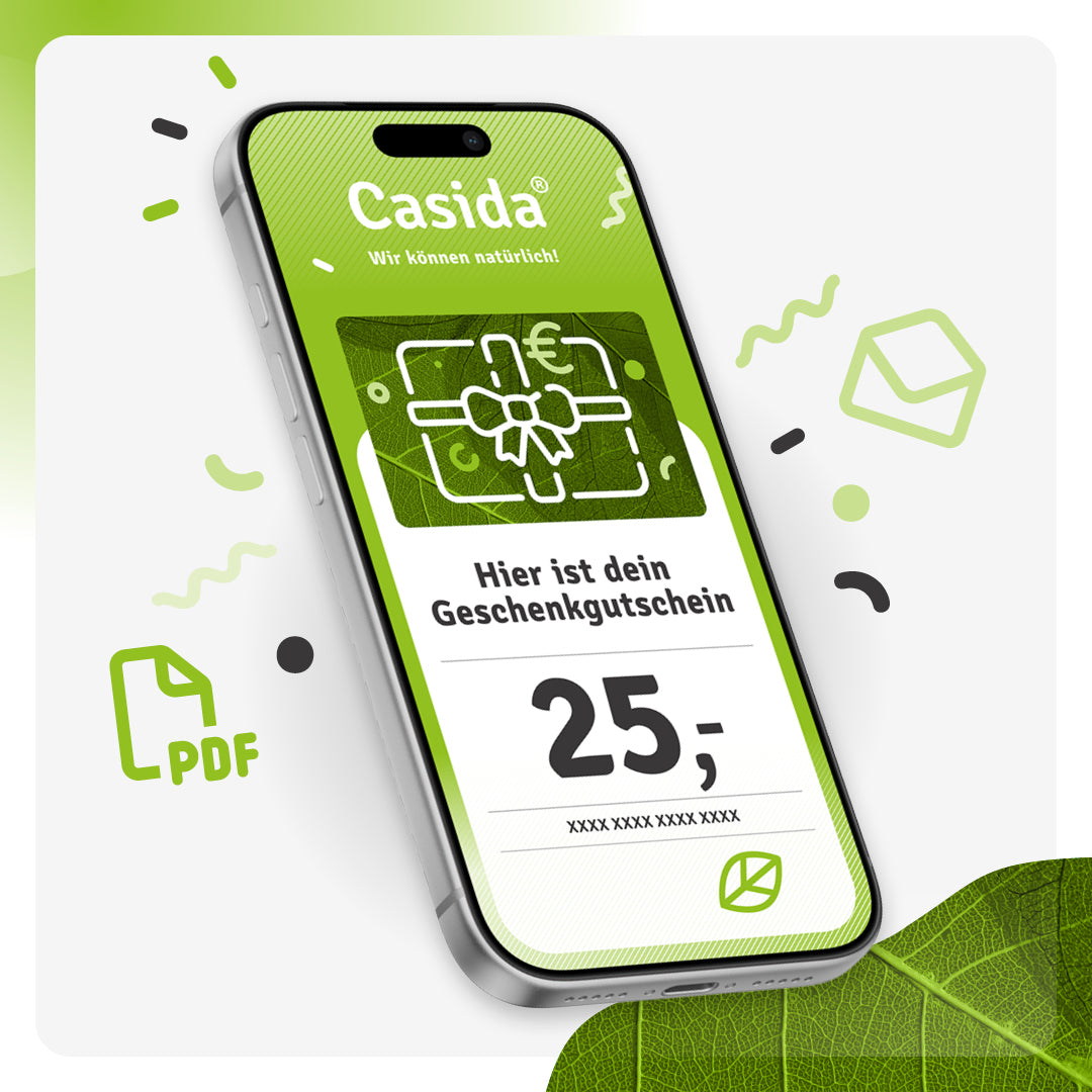 Digital gift voucher displayed on a smartphone, featuring a green design with a €25 value and decorative icons.