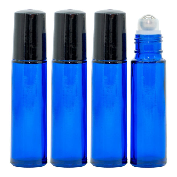 Set of four 10 ml blue glass roll-on bottles with black caps for essential oils.