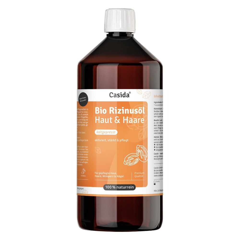 Bio Rizinusöl in a dark bottle with a white cap, labeled for skin, hair, and eyelashes, 100% natural.
