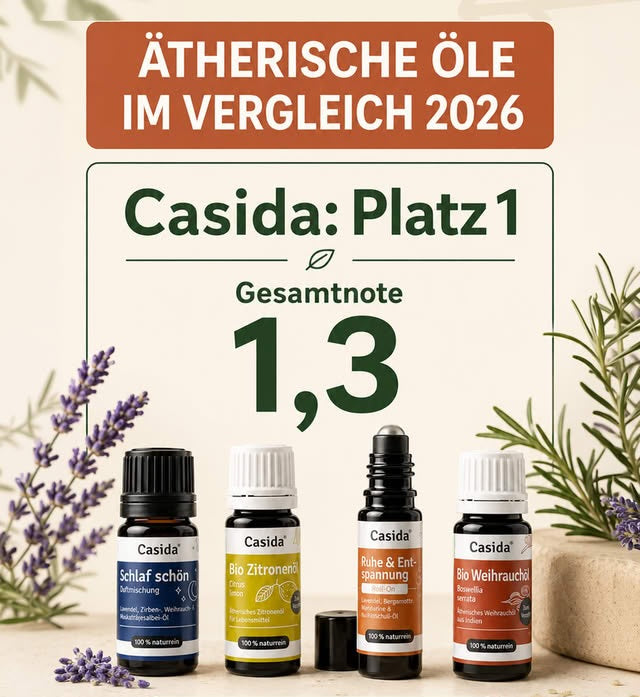 Werbegrafik Ätherische Öle im Vergleich 2026 mit Casida-Produkten und der angegebenen Note 1,3.