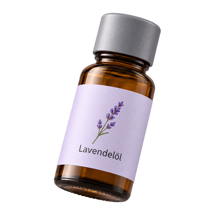 Braune Lavendelölflasche mit violettem Etikett und grauer Kappe.