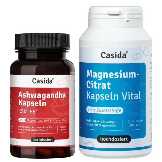 Anti-stress set featuring Ashwagandha capsules and magnesium citrate in dark and light bottles.