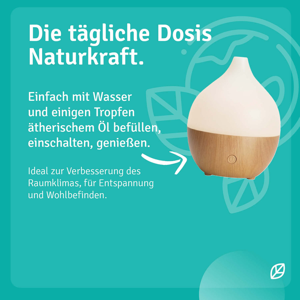Kompakter Aroma USB Diffuser mit LED, 100 ml, in weiß und Holzoptik, auf grünem Hintergrund.