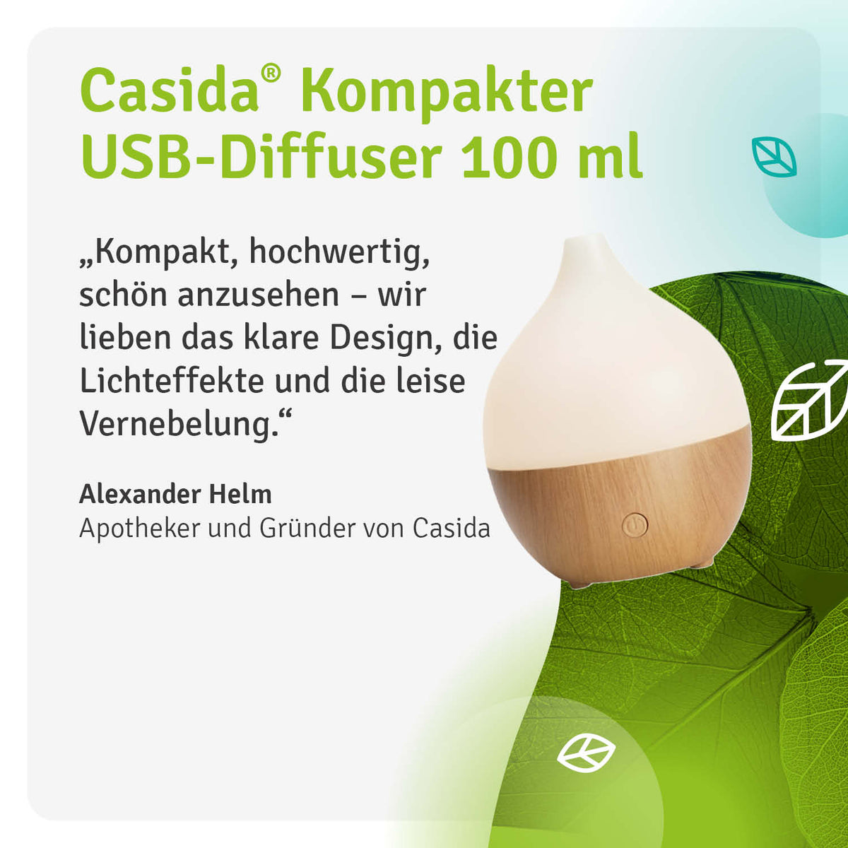 Kompakter Aroma USB Diffuser mit LED, 100 ml, in weiß und Holzoptik, für ätherische Öle.