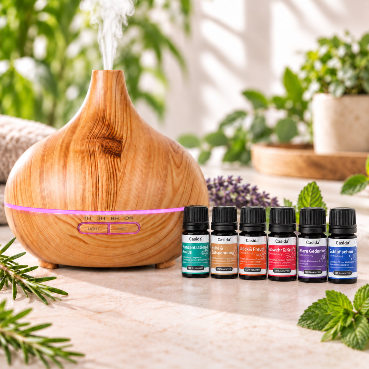 Aroma Diffuser in Wood Look with the Top 6 Fragrance Blends as a Set