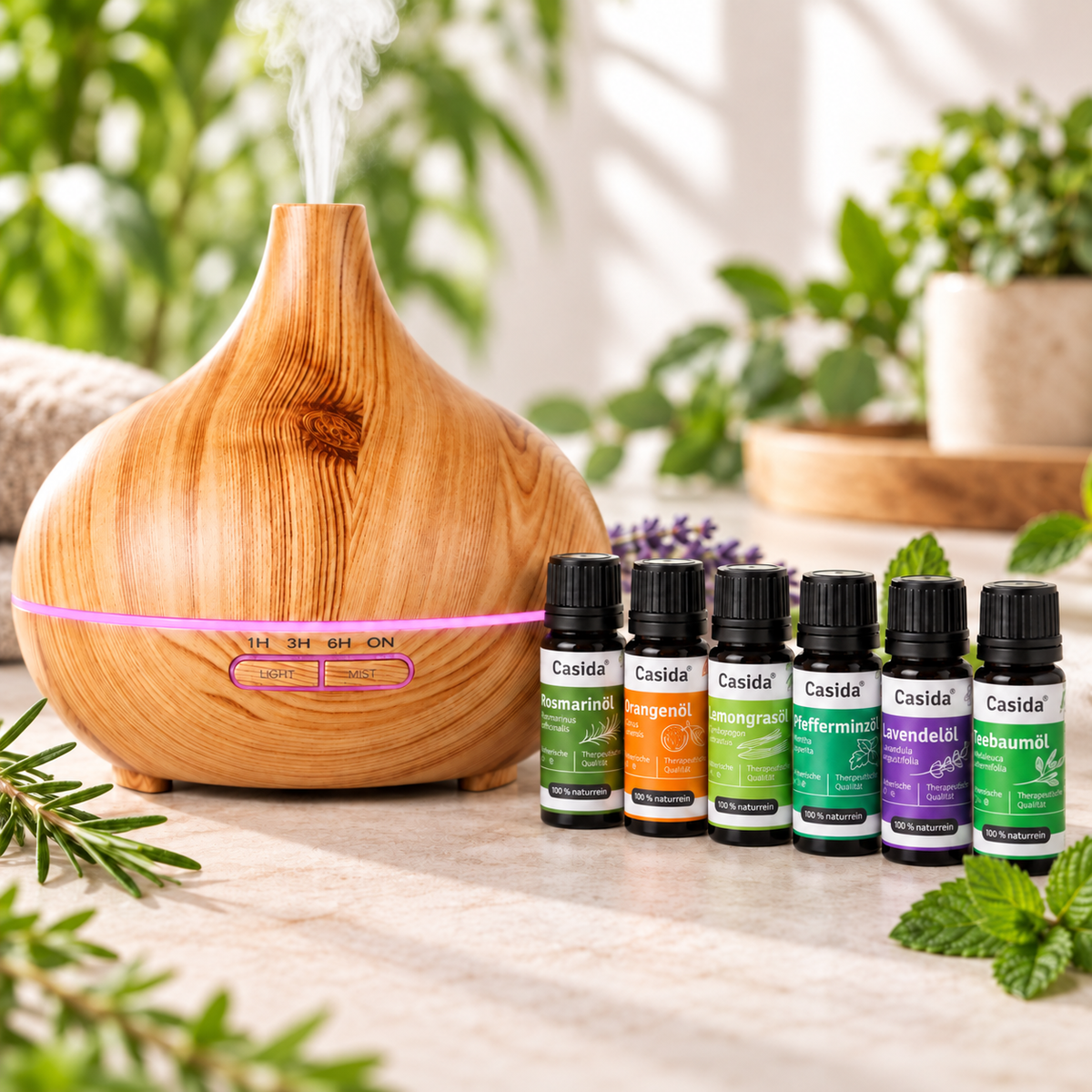 Aroma Diffuser in Wood Look with Top 6 Essential Oils Set