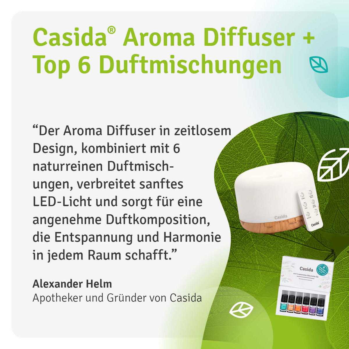 Aroma diffuser in wood design, 500 ml capacity, with remote control and six essential oil blends displayed below.