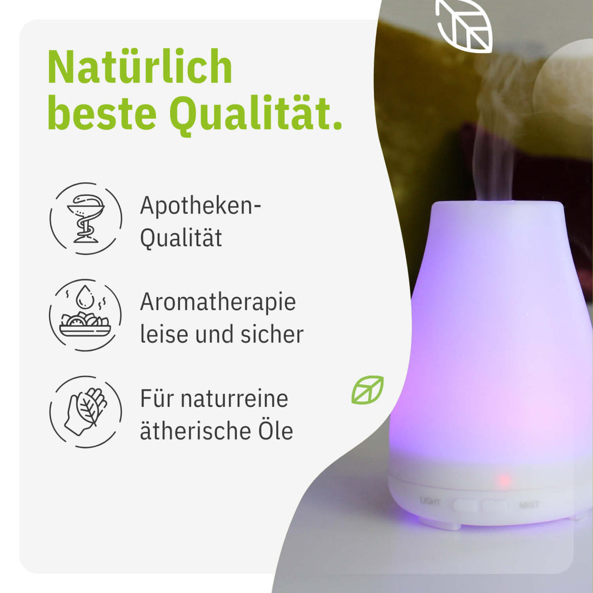 Aroma diffuser set with essential oils, featuring a compact design and colorful light display.