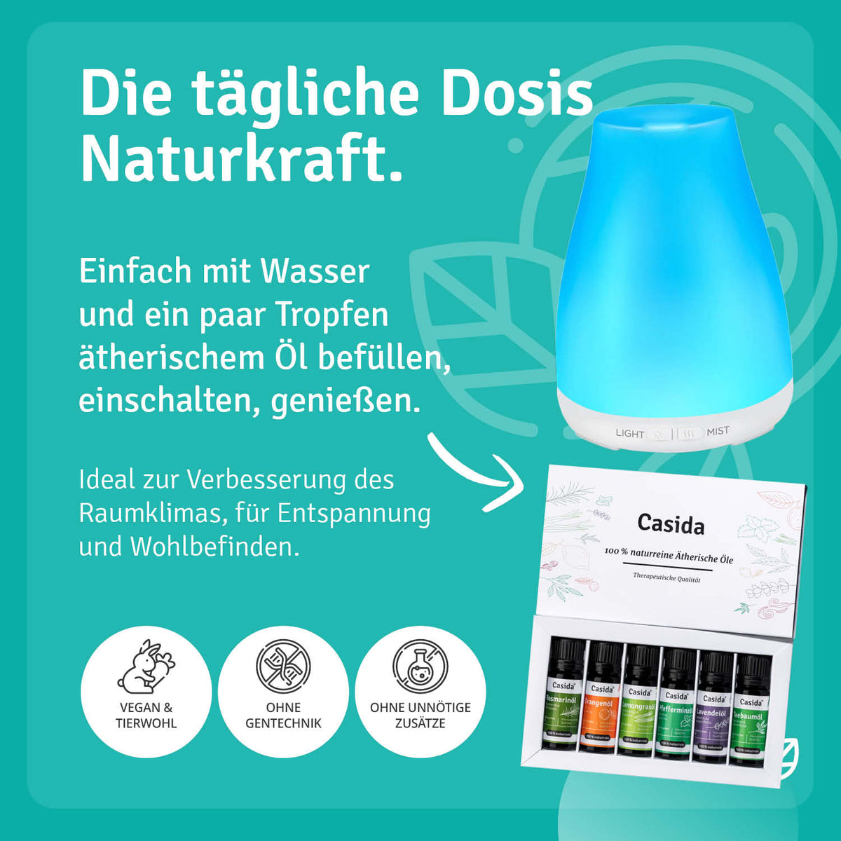 Aroma diffuser with a blue top, accompanied by a set of essential oils in a box, designed for relaxation and ambiance.