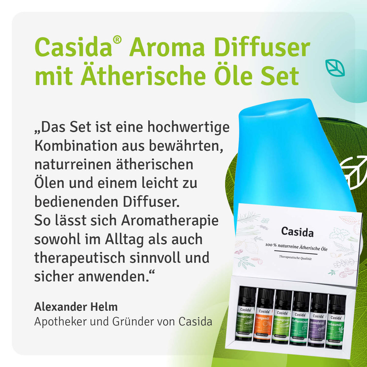 Aroma diffuser set with essential oils, featuring a blue diffuser and six oil bottles in a compact arrangement.