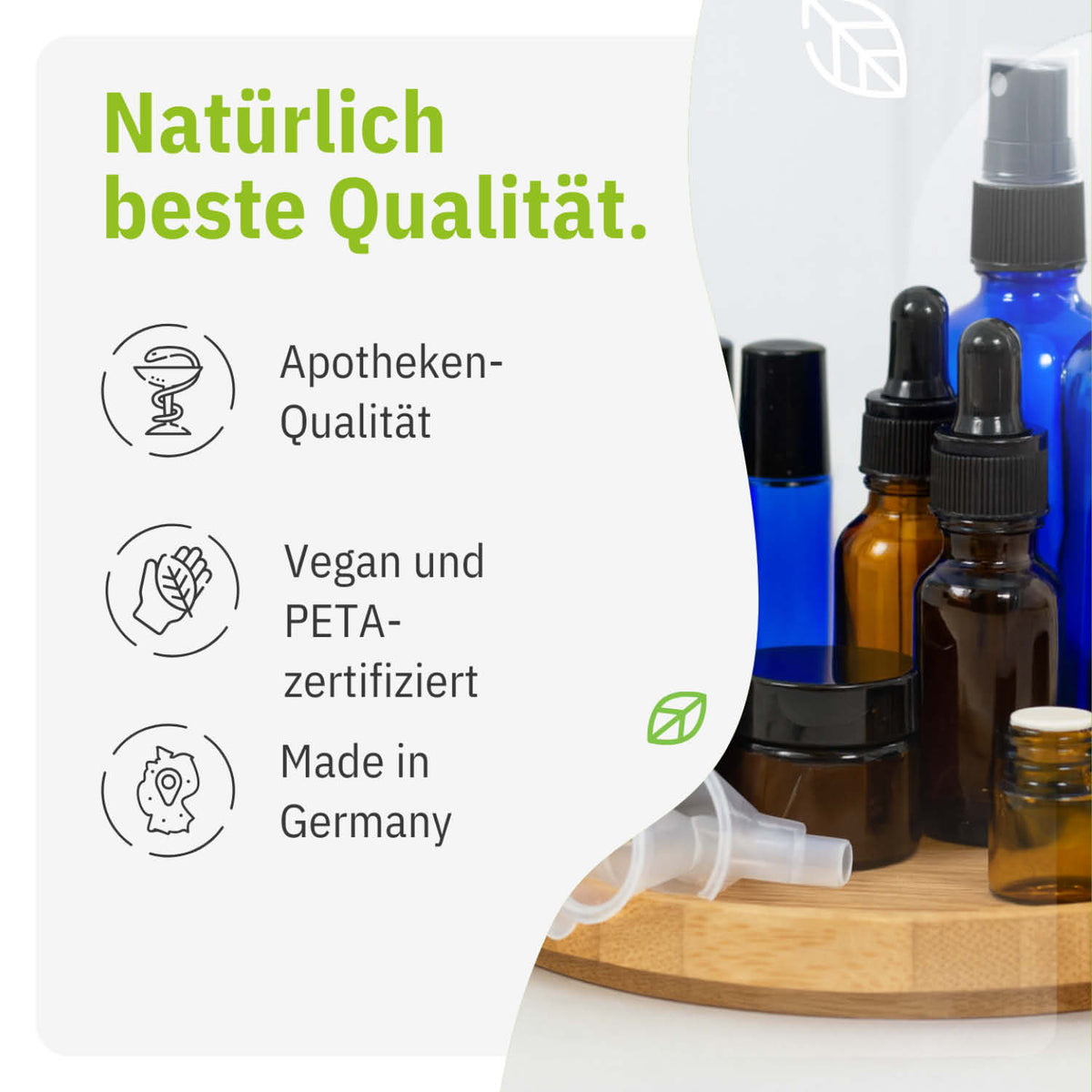 Aromatherapie Profi Set with various essential oil bottles on a wooden tray, featuring vegan and PETA-certified labels.