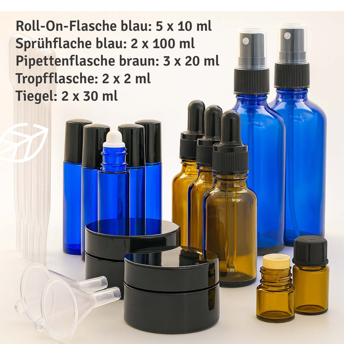 Aromatherapie Profi Set with various blue and brown bottles, droppers, and containers in different sizes.