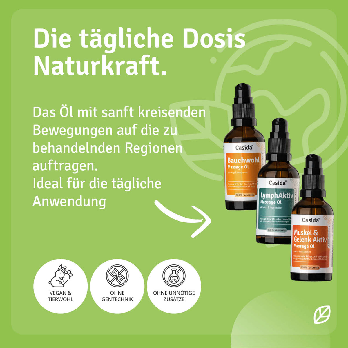 Basis Set Aromapflege includes three massage oils: Bauchwohl, LymphAktiv, and Muskel & Gelenk Aktiv, with usage instructions.