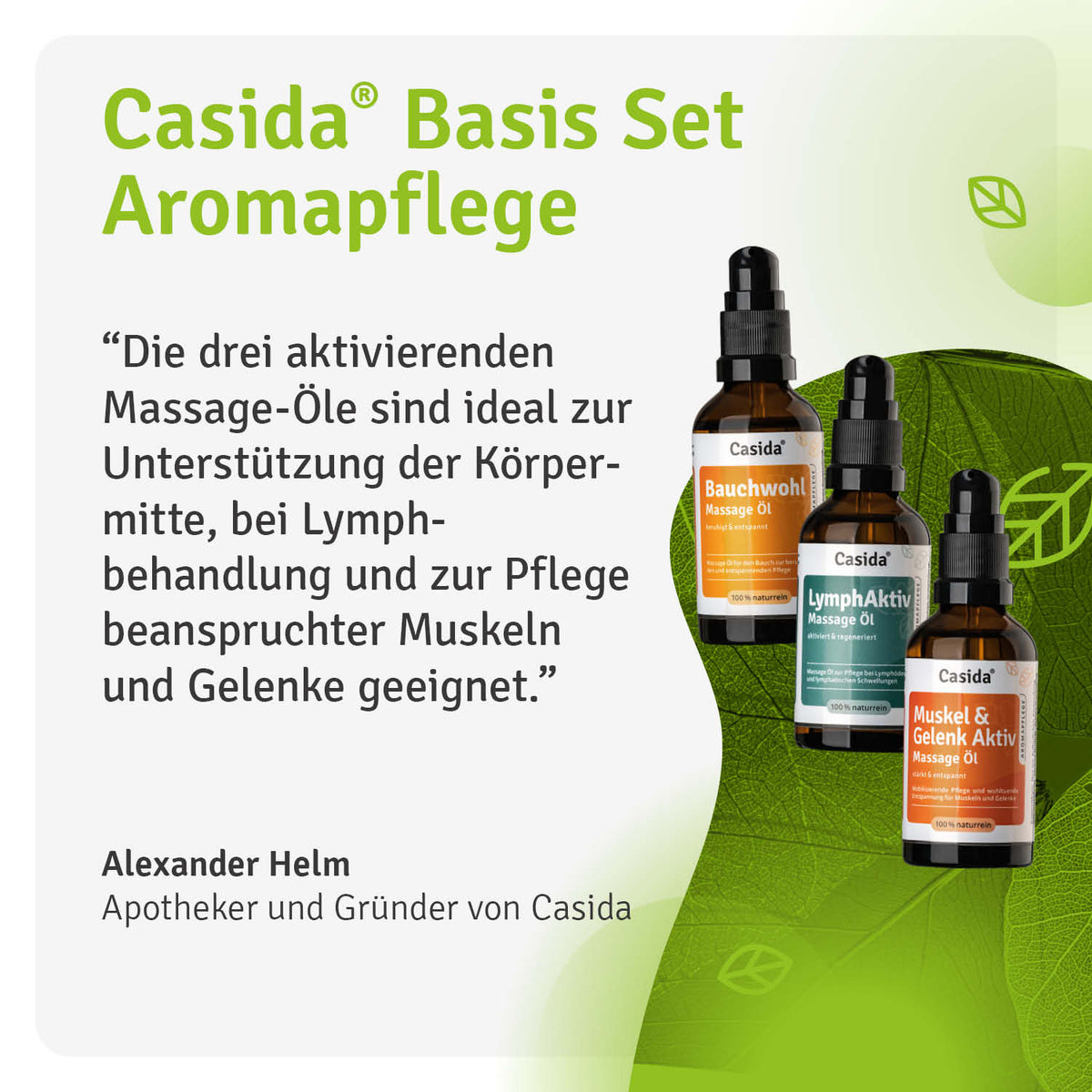 Basis set aromapflege with three massage oils: Bauchwohl, LymphAktiv, and Muskel & Gelenk Aktiv in dark bottles.