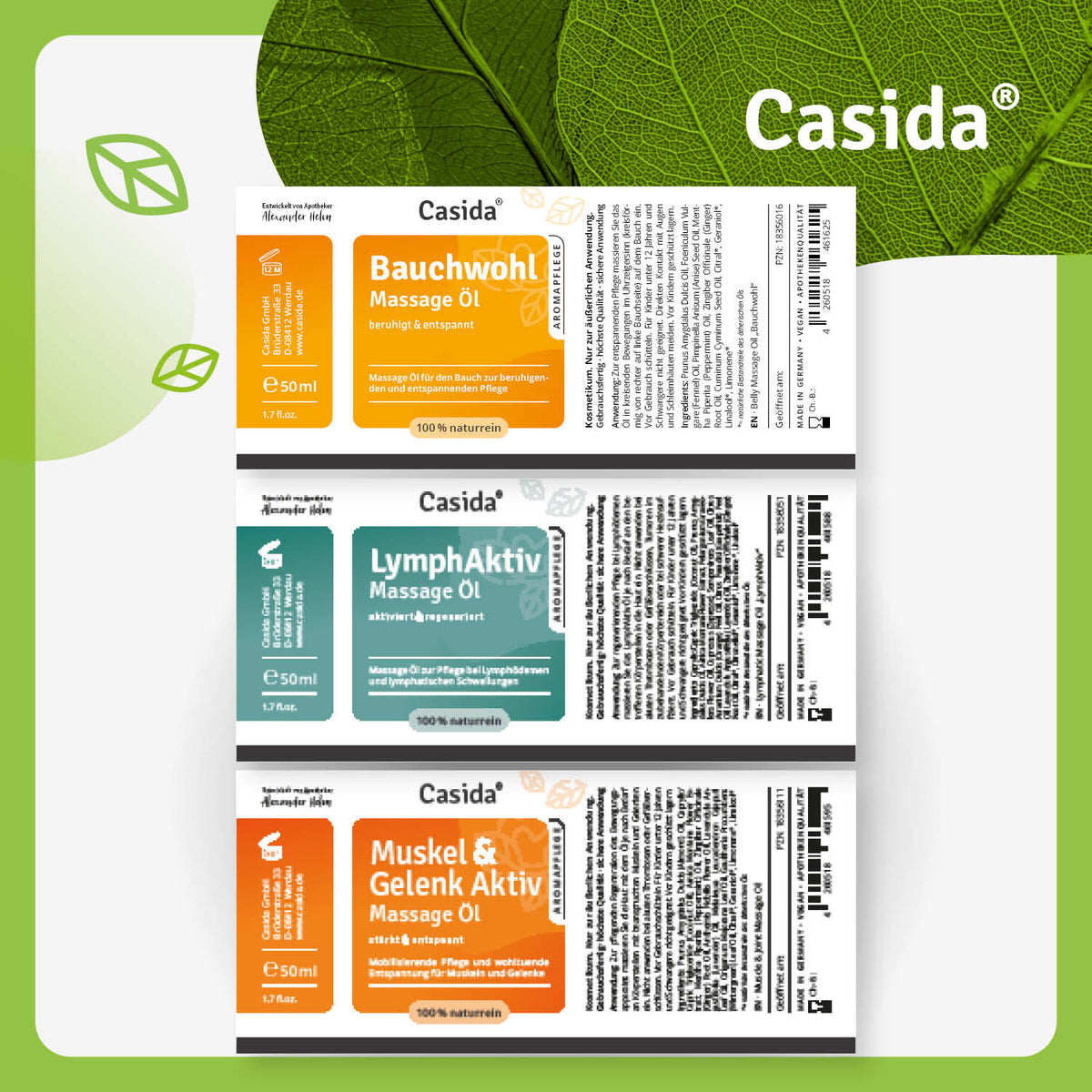 Basis Set Aromapflege with three massage oils: Bauchwohl, LymphAktiv, and Muskel & Gelenk Aktiv, each 50ml.