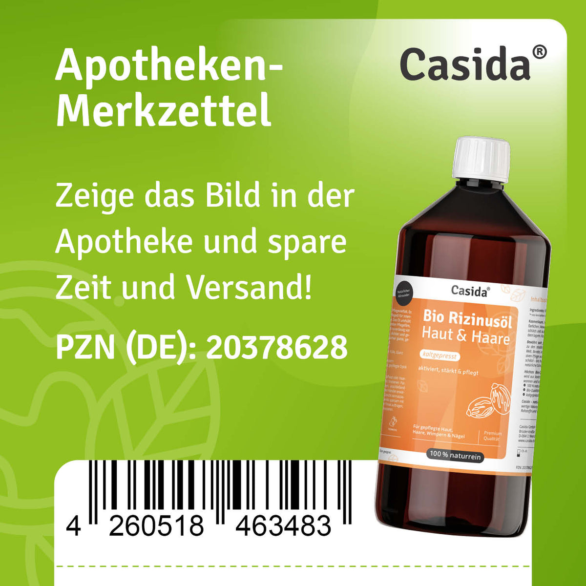 Bio Rizinusöl 1000 ml in a brown bottle with a white label, featuring usage for skin and hair care.