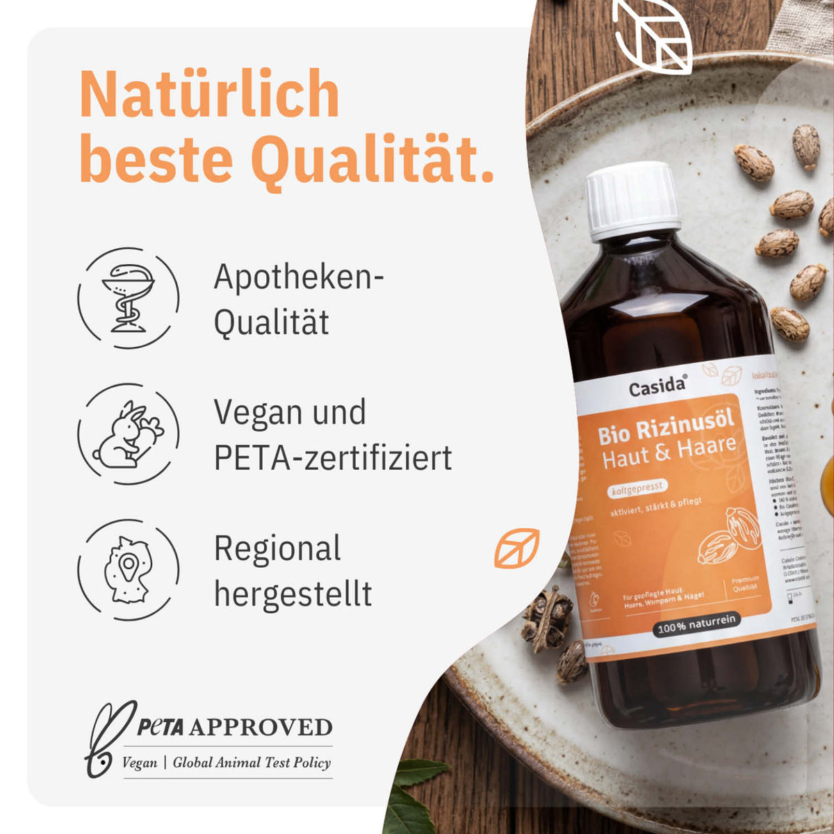 Bio Rizinusöl 1000 ml in a dark bottle with an orange label, highlighting vegan and PETA certification.