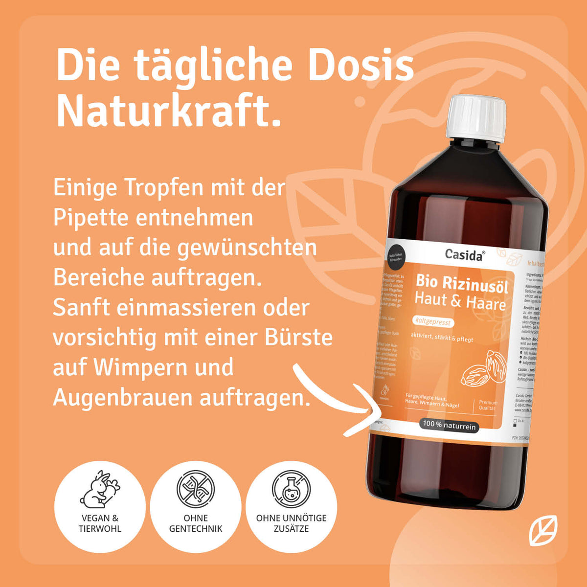 Bio Rizinusöl 1000 ml in a dark bottle with a label detailing usage for skin and hair care.