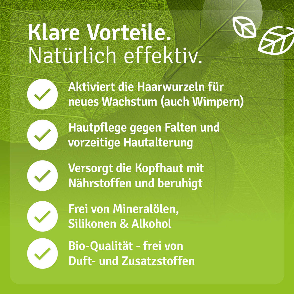 Bio Rizinusöl 1000 ml, kaltgepresst, mit grünem Hintergrund und Text zu Vorteilen für Haar und Haut.