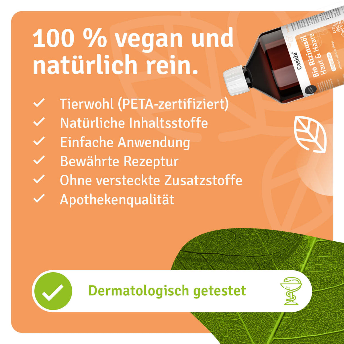 Bio Rizinusöl 1000 ml, kaltgepresst, in einer braunen Flasche mit grüner Etikettierung und veganen Inhaltsstoffen.