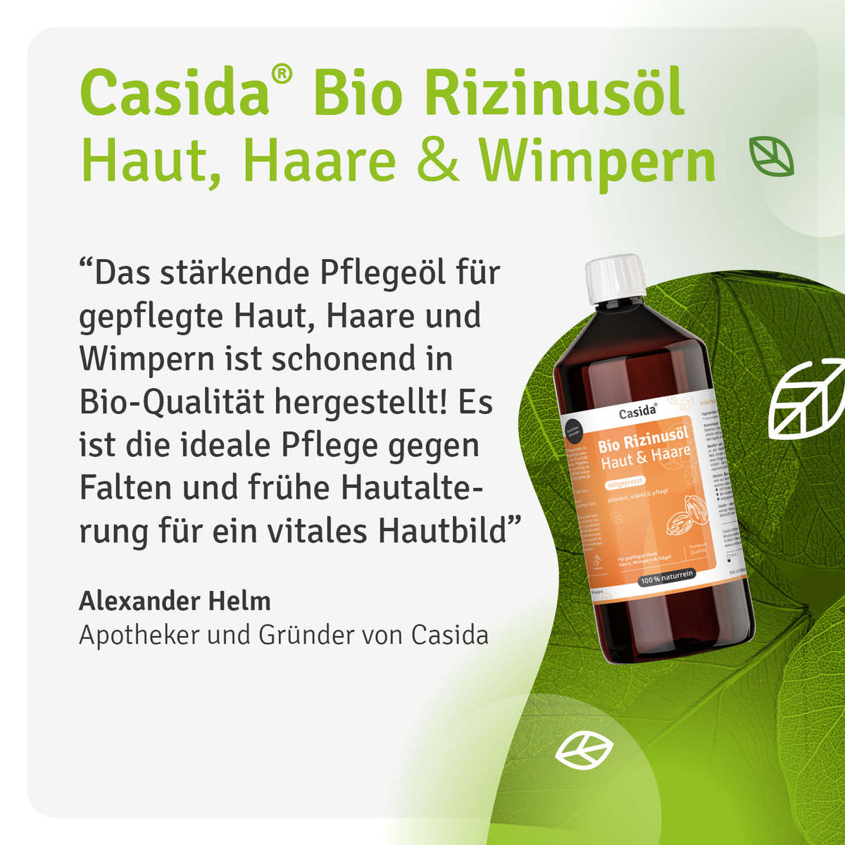 Bio Rizinusöl 1000 ml bottle with orange label, featuring text about skin, hair, and eyelash care on a green background.