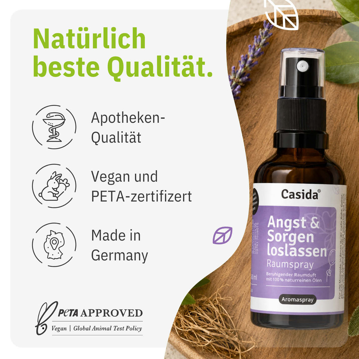 Casida Angst & Sorgen loslassen Raumspray mit Angaben zu veganer Rezeptur und Herstellung in Deutschland