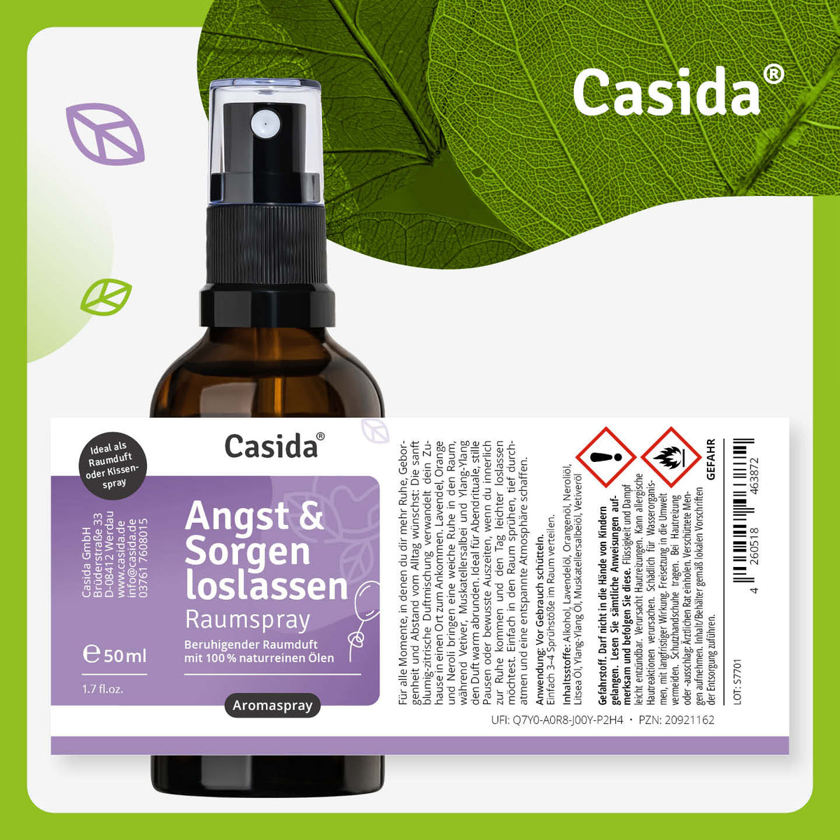 Etikett von Casida Angst & Sorgen loslassen Raumspray, 50 ml, mit Anwendung und Gefahrenpiktogrammen