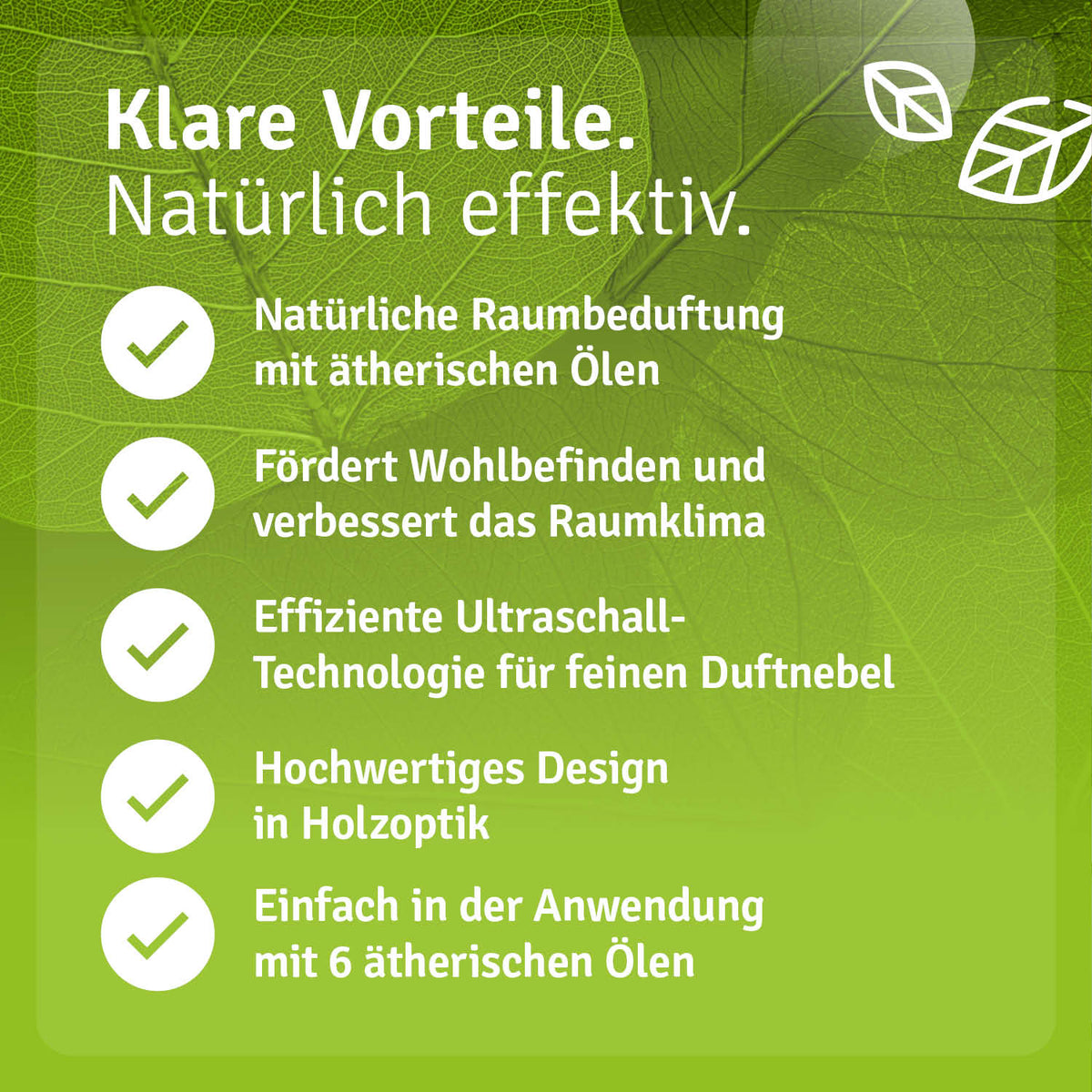 Infografik Aromadiffuser Holzdesign mit LED Natürliche Raumbeduftung mit ätherischen Ölen Fördert Wohlbefinden und verbessert das Raumklima Effiziente Ultraschall Technologie für feinen Duftnebel Hochwertiges Design in Holzoptik Einfach in der Anwendung mit 6 ätherischen Ölen
