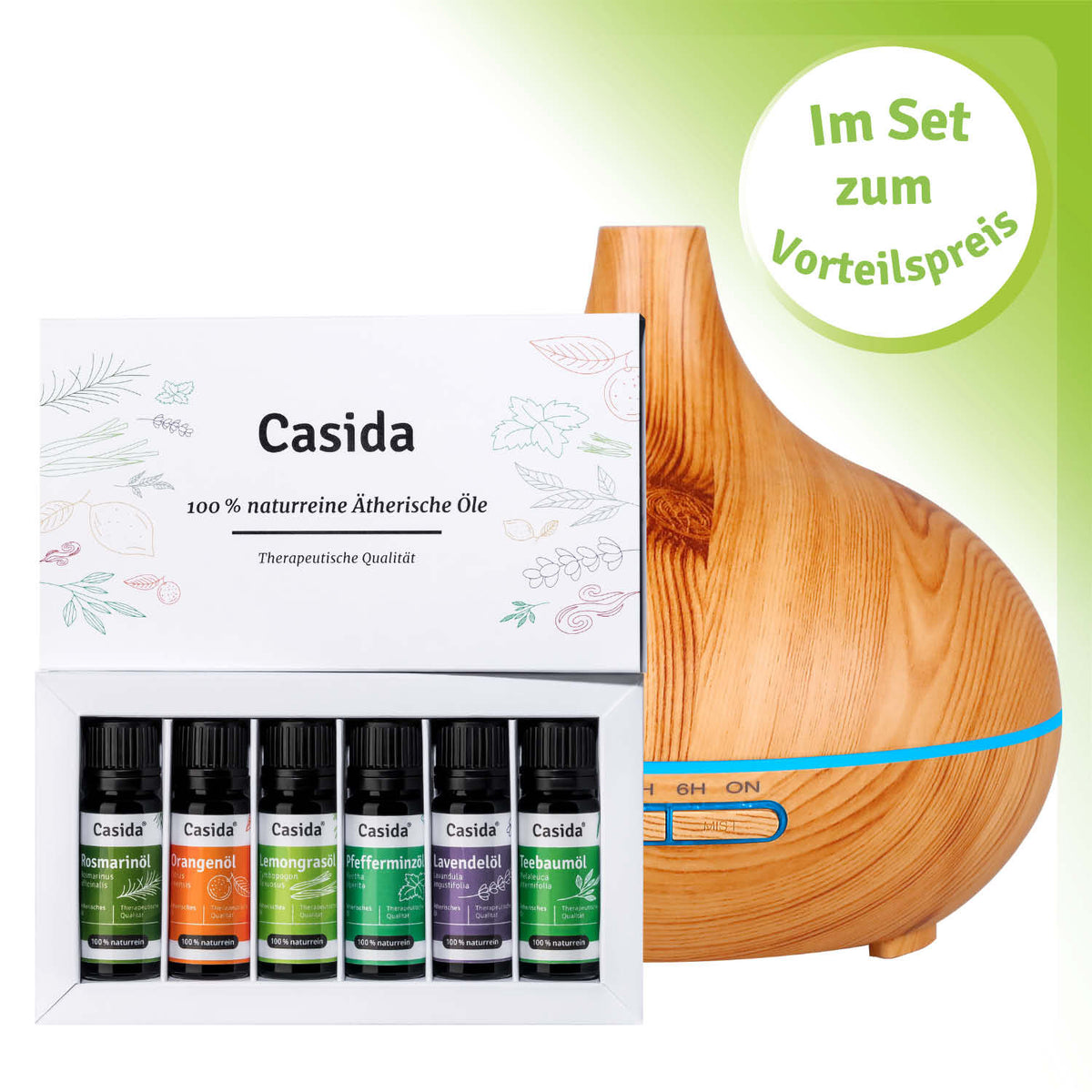 Aroma diffuser in wood look with top 6 fragrance blends set