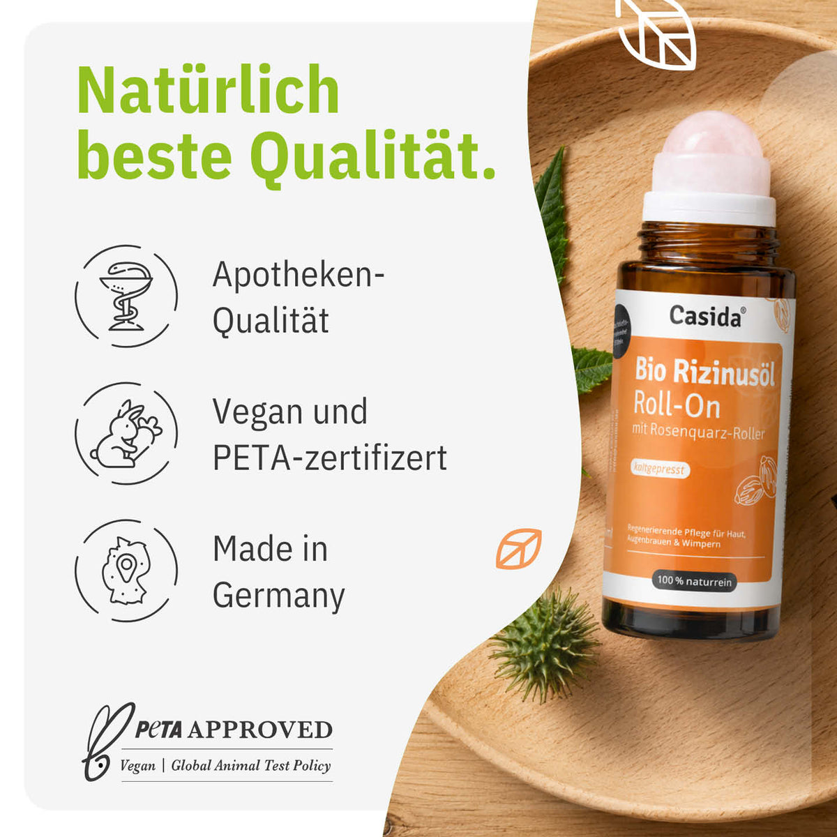 Casida Bio Rizinusöl Roll-On mit Rosenquarz-Kugel und Angaben zu veganer Rezeptur und Herstellung
