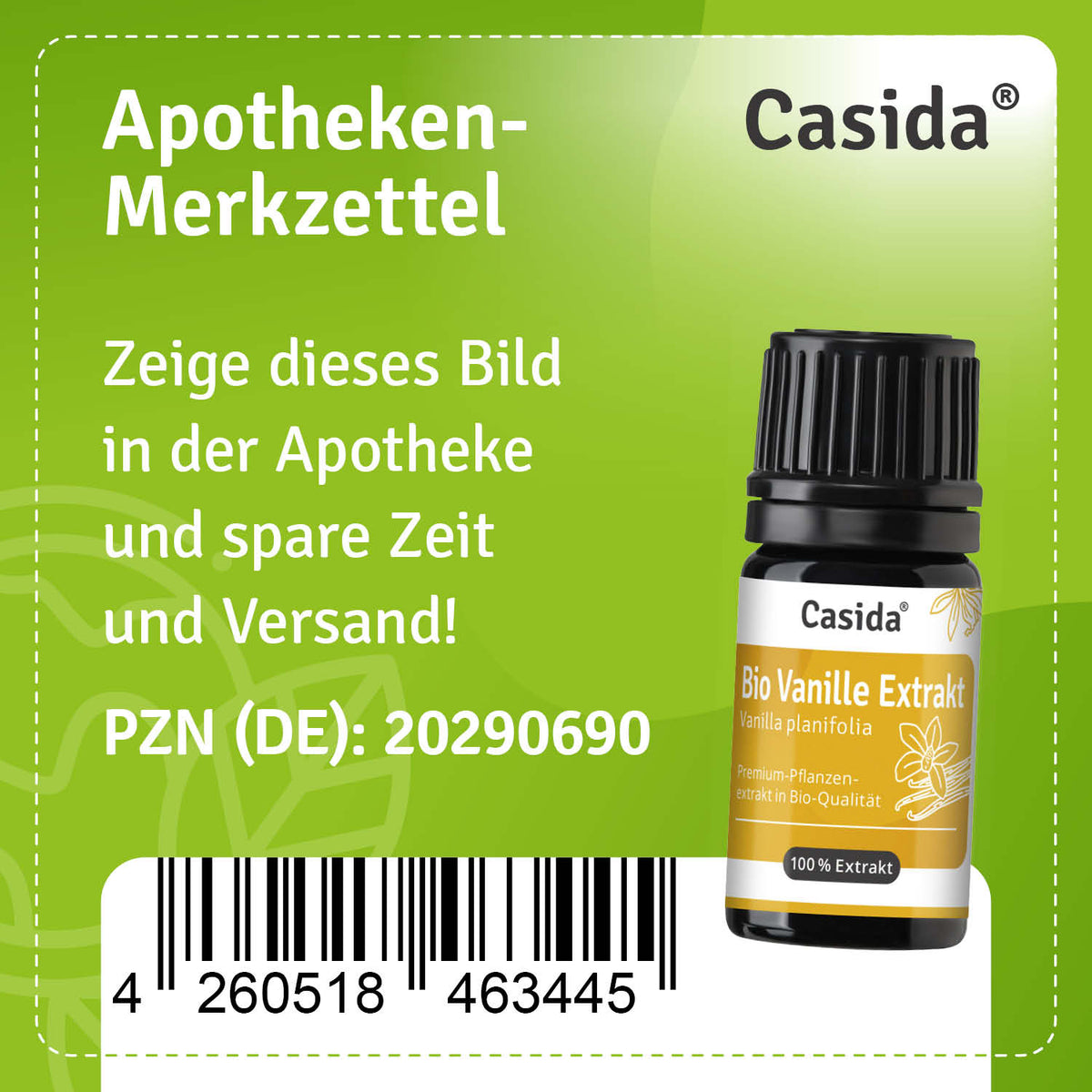 Bio Vanille Extrakt bottle with a black cap, featuring a green and yellow label, displaying product details and PZN number.