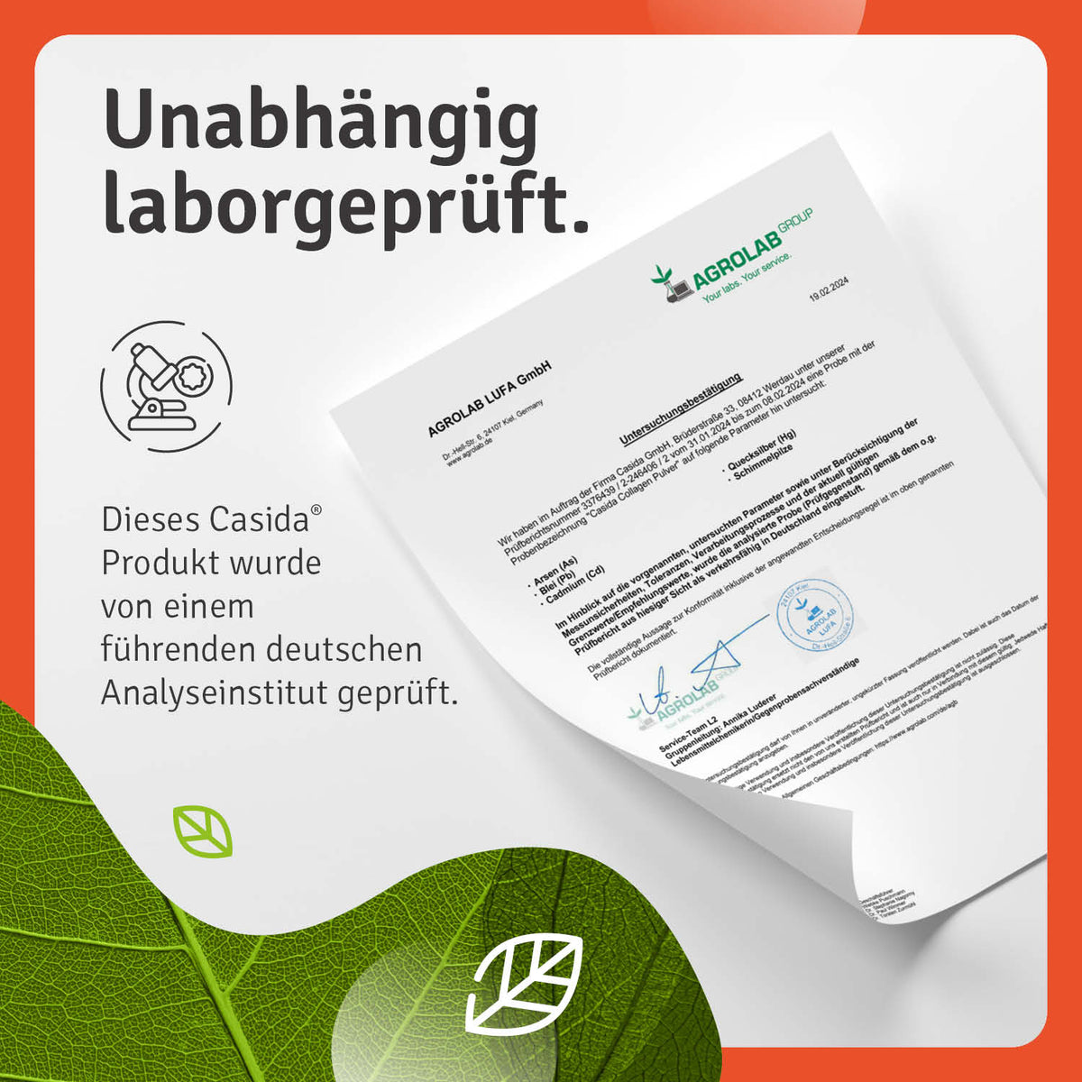 Collagen Pulver - Kollagen Hydrolysat packaging with lab certification document and green leaf background.