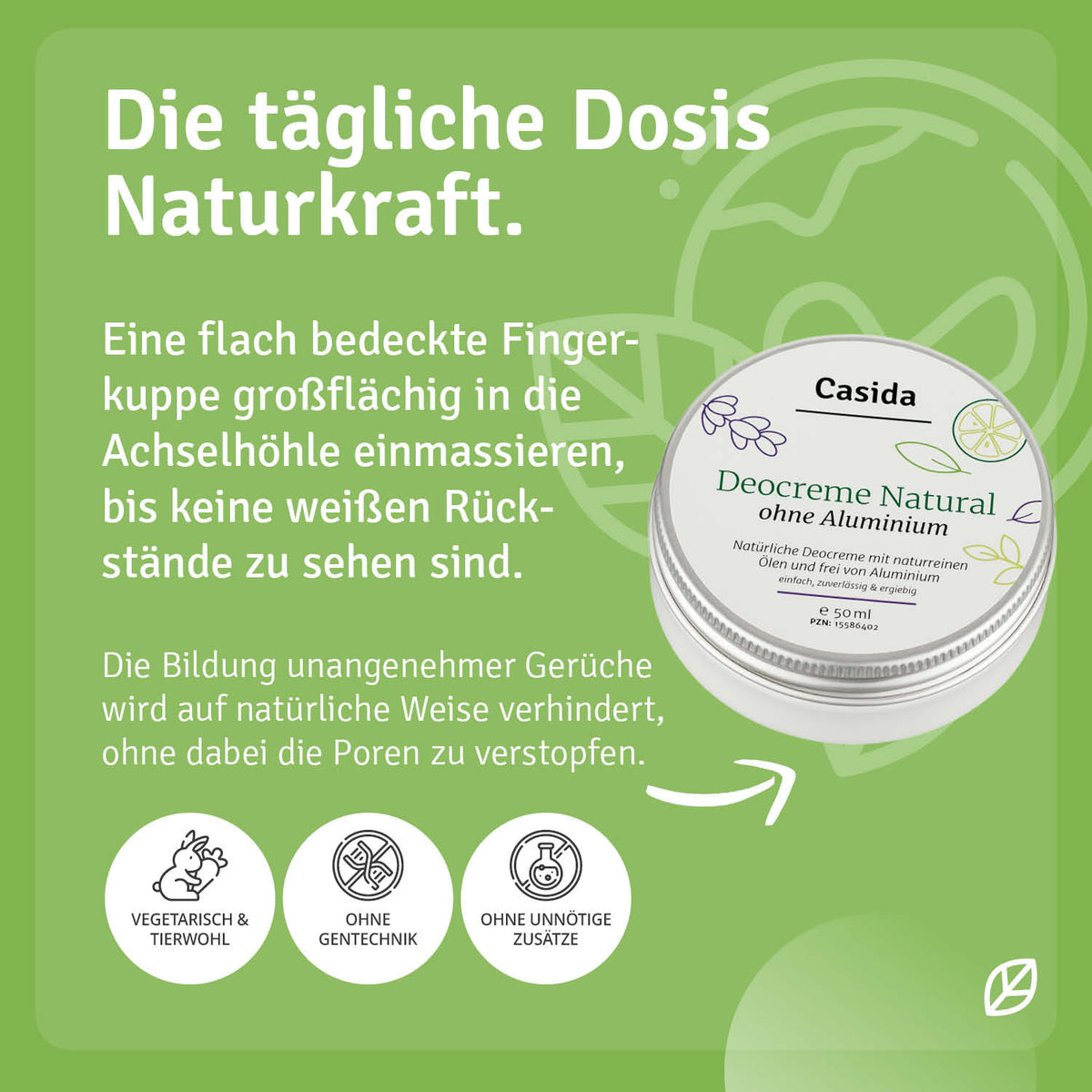 Casida Geschenkbox: Fühl Dich Wohl-Box with Deocreme Natural, 50ml jar on a green background, highlighting natural ingredi...