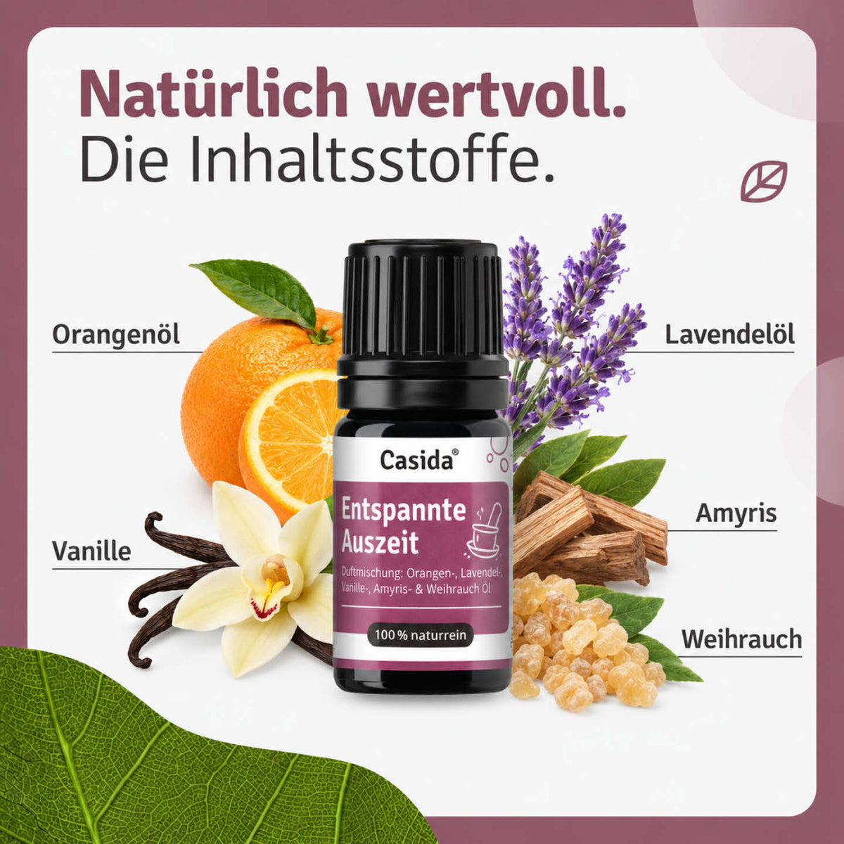 Inhaltsstoffübersicht zu Casida Entspannte Auszeit mit Orange, Lavendel, Vanille, Amyris und Weihrauch